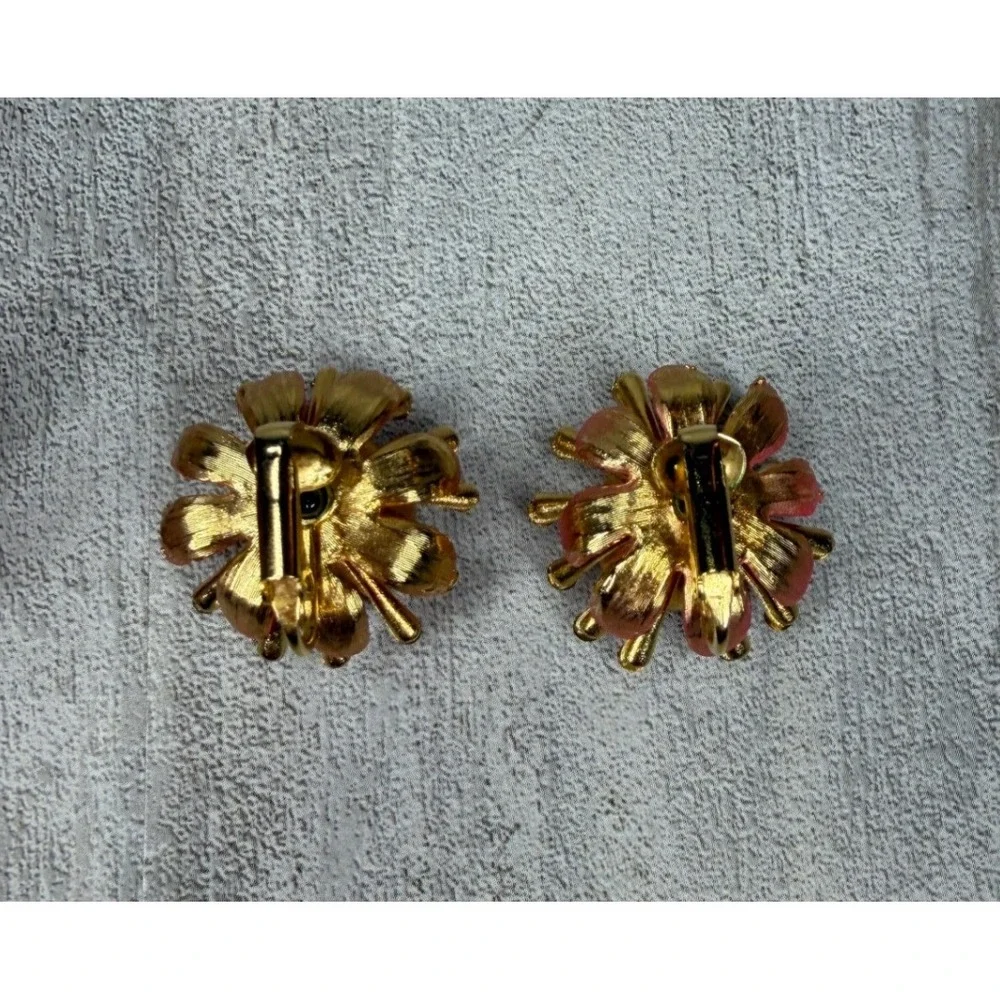 Vintage Pink Enamel Flower Brooch and Clip On Earrings Set Magenta Rhinestone